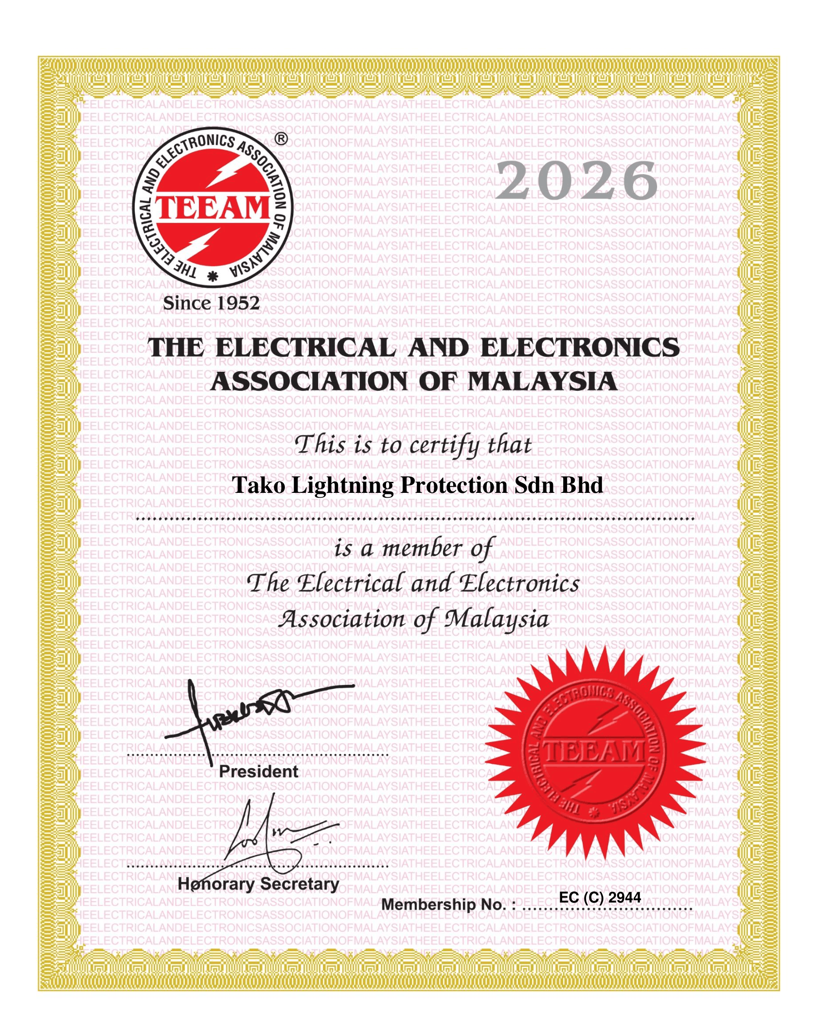 TAKO Certified Total Lightning Protection System Service Provider certification badge Malaysia